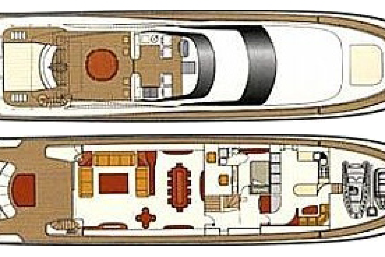 Top-down view of Astondoa 102 GLX My Kirios Yacht for Charter deck layouts, showing rooms, furnishings, and outdoor spaces.