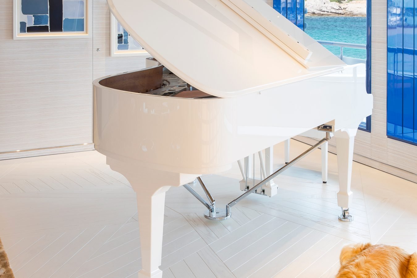 A white grand piano sits in a bright room with blue windows; a golden retriever lies on the floor nearby.