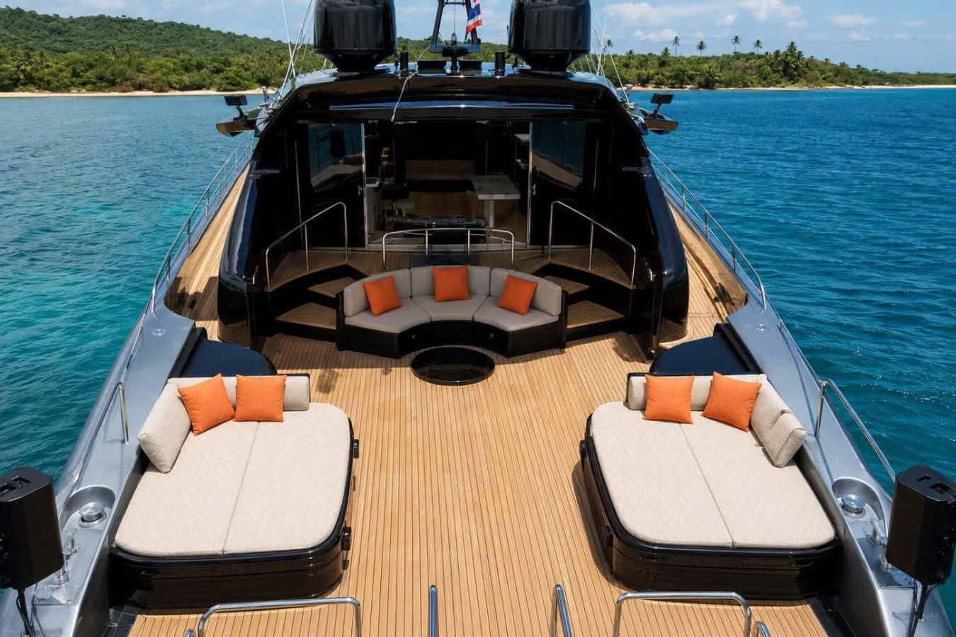 Relax on the Mangusta 105 yacht charter deck with tan loungers, orange pillows, and views of Daya’s lush green island.