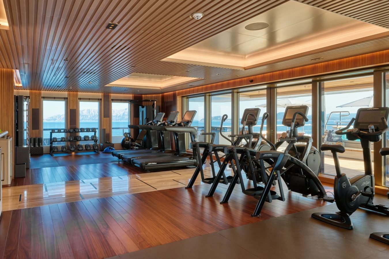 Modern gym with treadmills, bikes, weights, and ocean-mountain views aboard the Freire Renaissance Yacht for Charter.